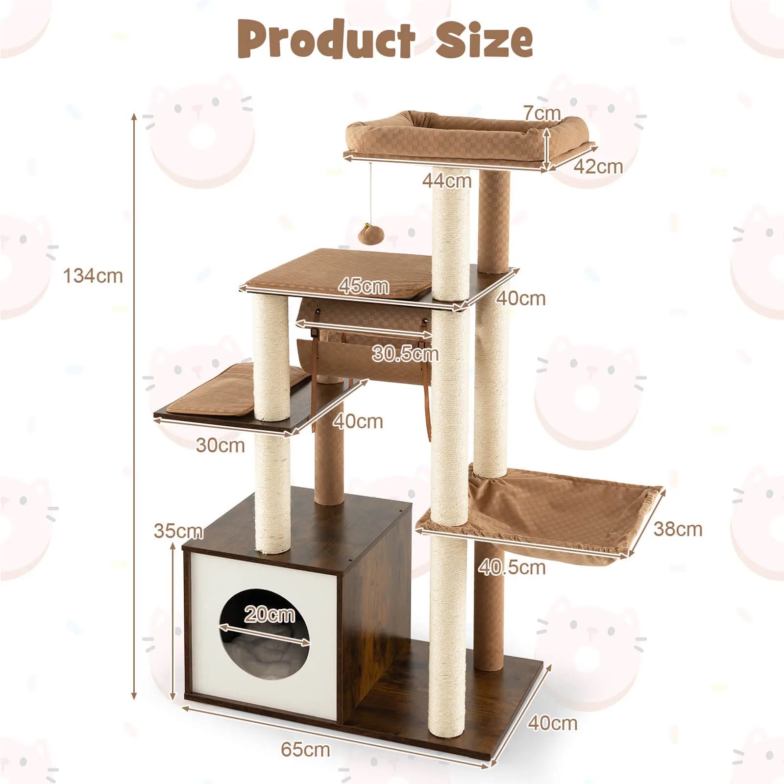 127cm Wood Cat Tree with Hammock and Swing Tunnel-Brown