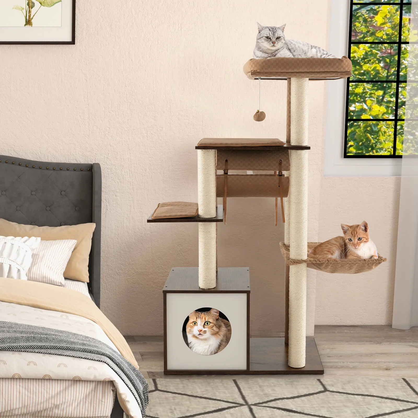 127cm Wood Cat Tree with Hammock and Swing Tunnel-Brown