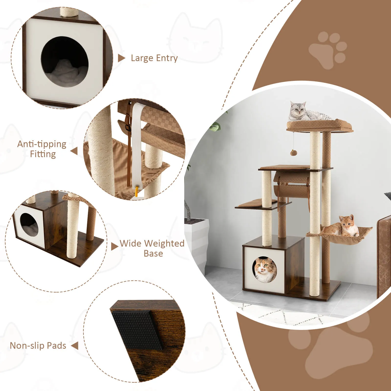 127cm Wood Cat Tree with Hammock and Swing Tunnel-Brown