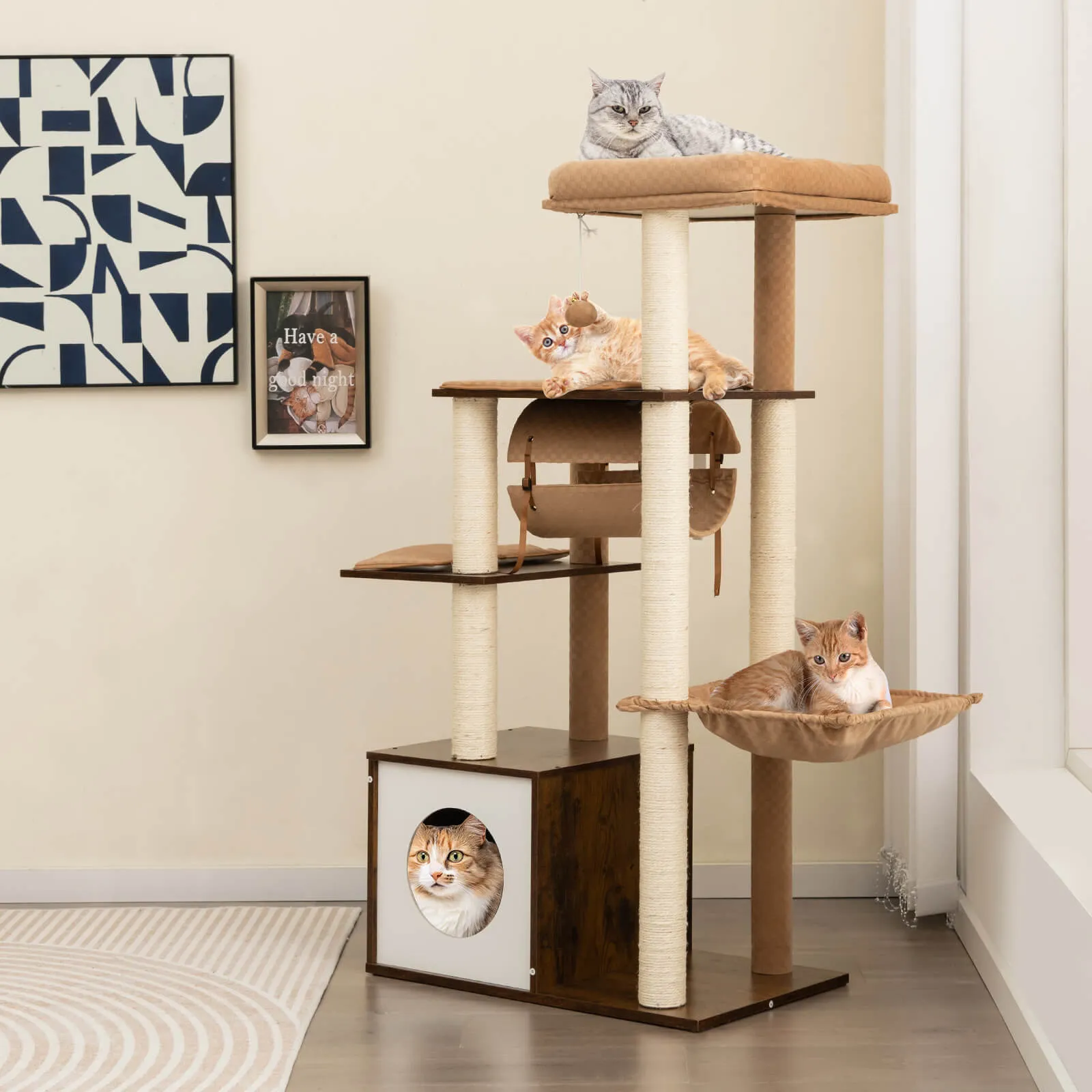 127cm Wood Cat Tree with Hammock and Swing Tunnel-Brown