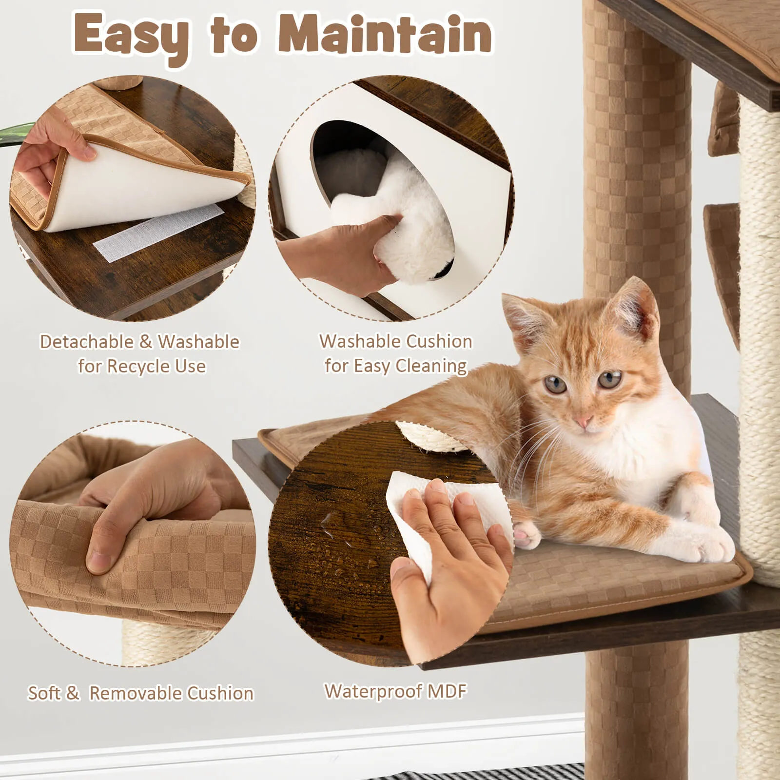 127cm Wood Cat Tree with Hammock and Swing Tunnel-Brown