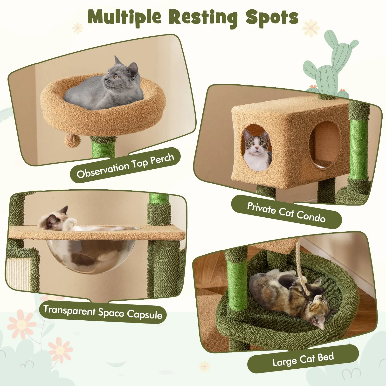 150 cm Multi-level Cactus Cat Tree for Indoor Cats-Green