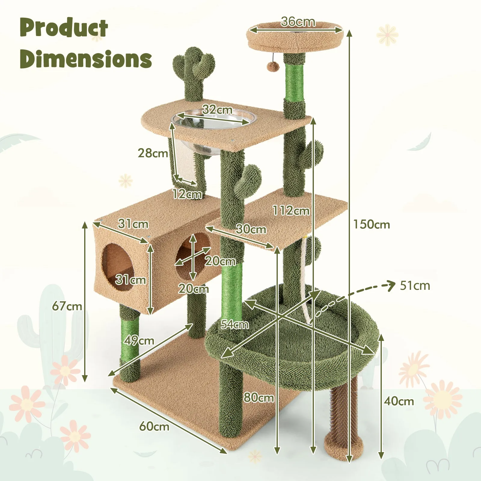 150 cm Multi-level Cactus Cat Tree for Indoor Cats-Green