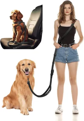 2-in1 Hands Free Dog Leash, Dog Seat Belt for Car, 5.9-9.2Ft Waist Belt with Car Seatbelt and Double-Sided Reflective,Walking, Jogging,Hiking, Travel etc.(Black)