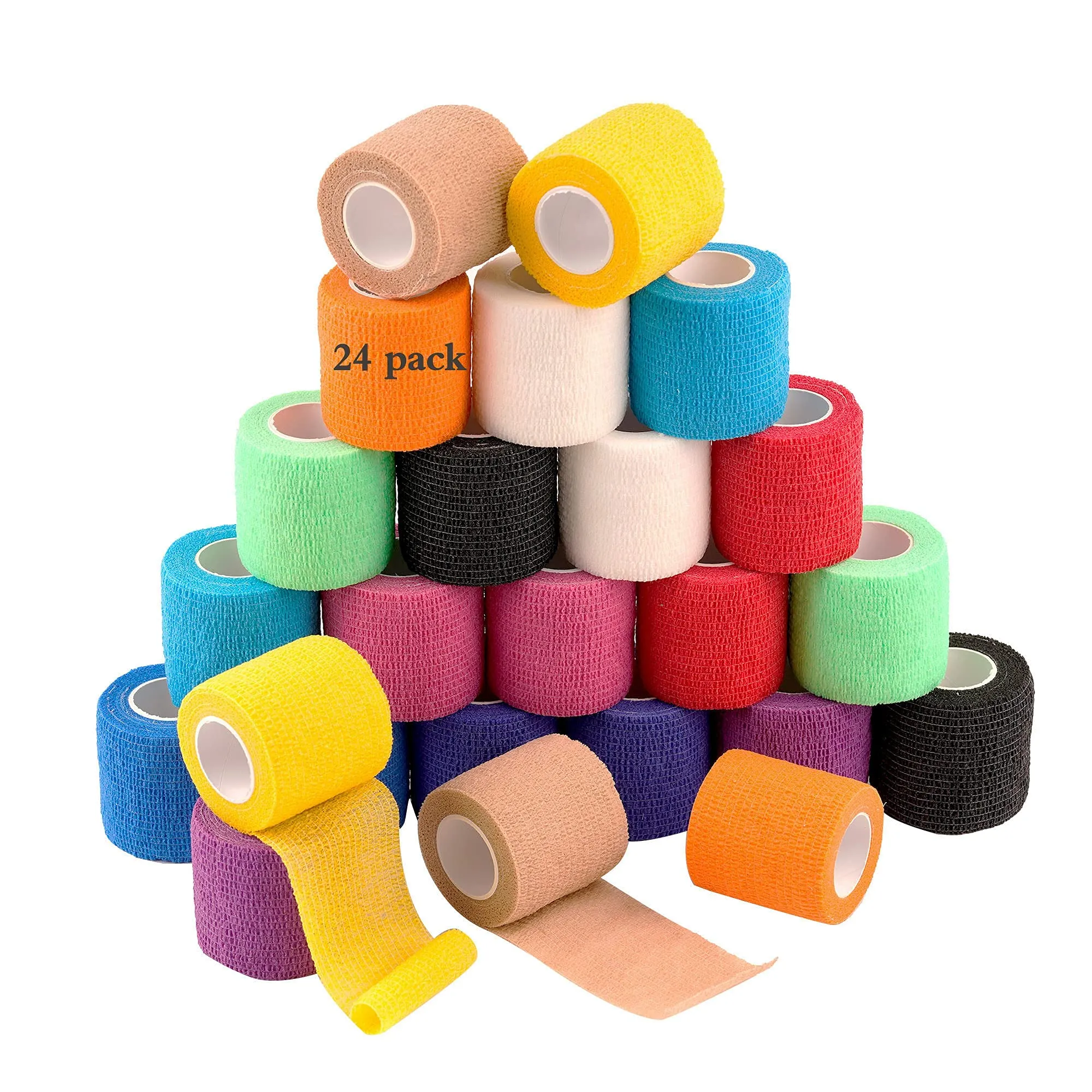 24 Pack Self Adherent Cohesive Wrap Bandages 2 Inches X 5 Yards, First Aid Tape, Elastic Self Adhesive Tape, Athletic, Sports wrap Tape, Bandage Wrap for Sports, Wrist, Ankle (Rainbow Color) 24 Count (Pack of 1)