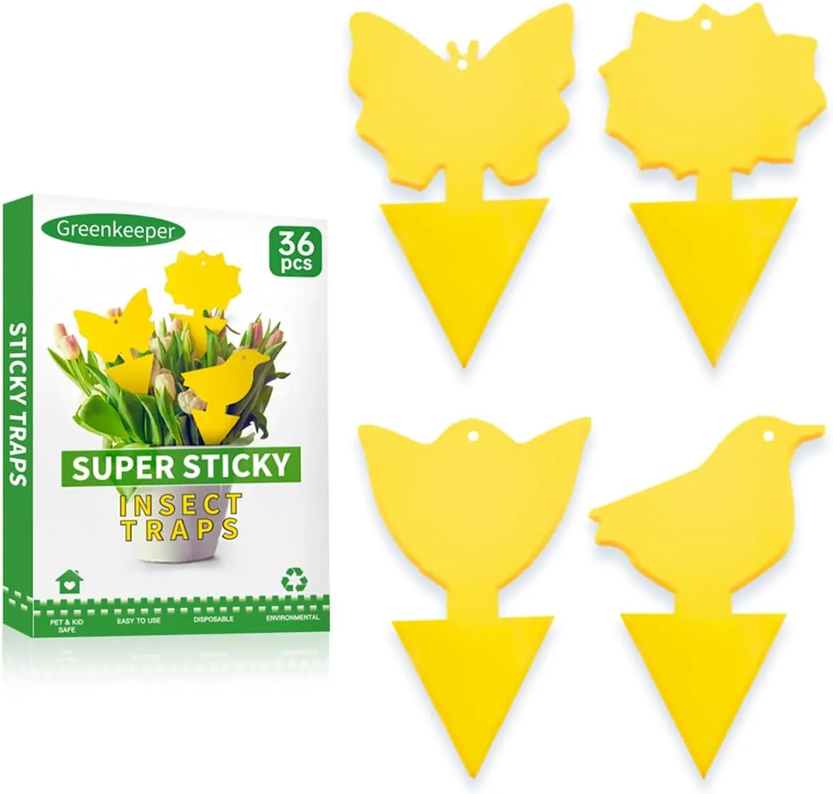 36 Pcs Classic Sticky Traps for Fungus Gnat (Plants), Fruit Fly, Whitefly, and Fly, Yellow Sticky Insect Catcher Traps for Indoor/Outdoor, Kitchen, and Plants, High-End Glue, Non-Toxic, 4 Shapes