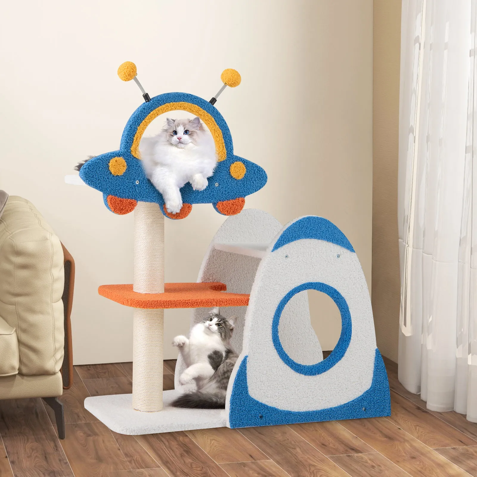 4-Level Cute Cat Tree Tower with UFO-Shaped Top Perch-Blue