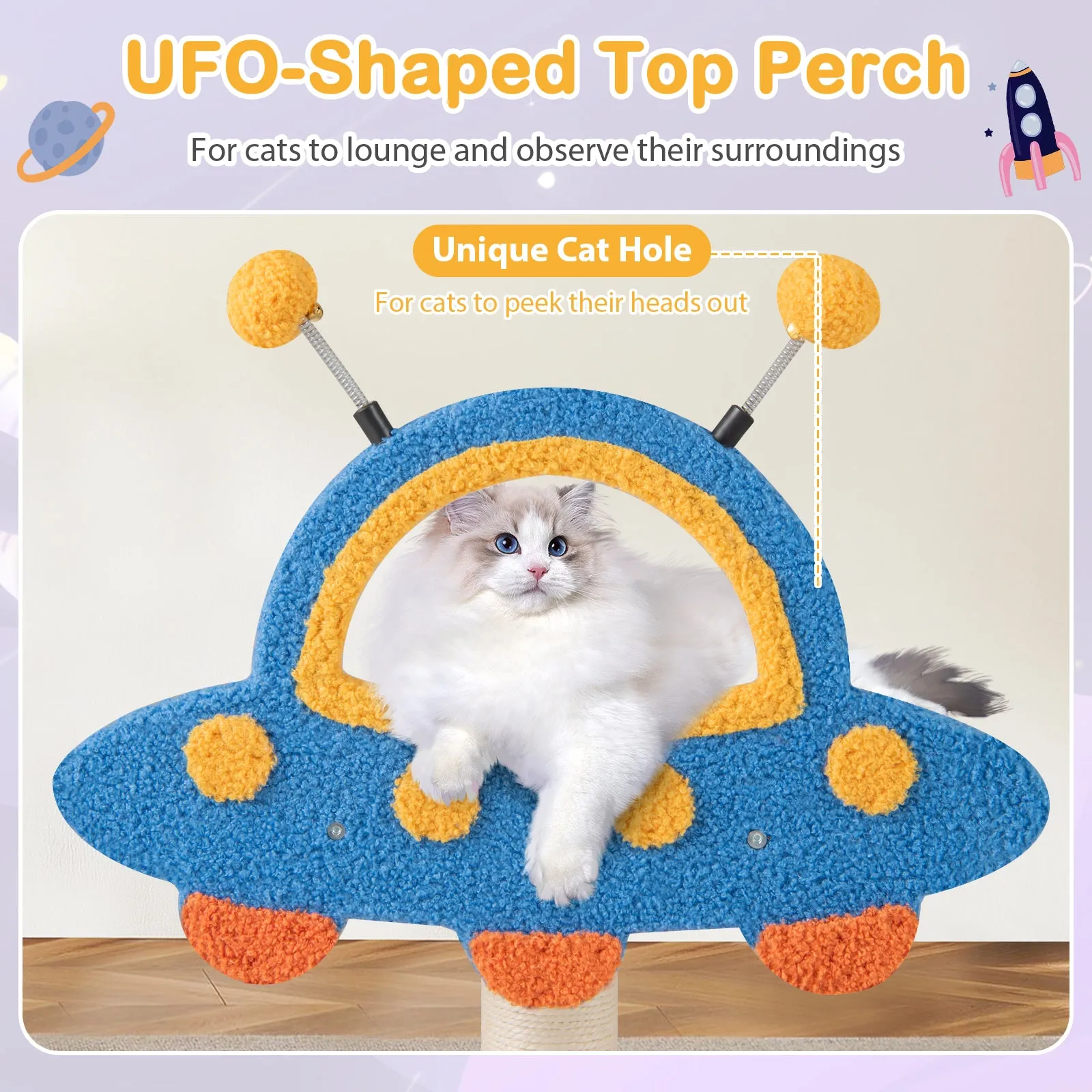 4-Level Cute Cat Tree Tower with UFO-Shaped Top Perch-Blue