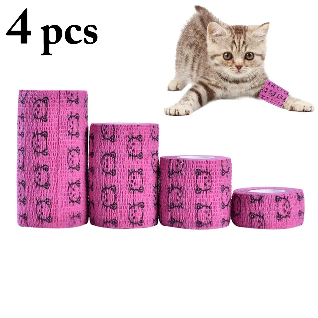 4 Rolls Highly Elastic And Breathable Cat Pet Printing Bandage Vet Wrap Elastic Breathable Self Adhesive Wrap Cohesive Bandage