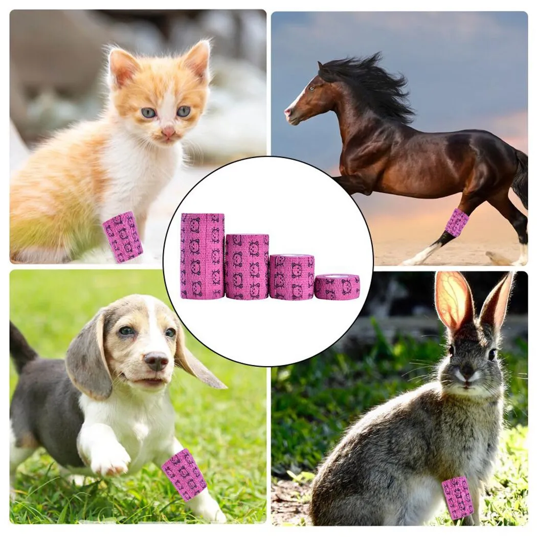 4 Rolls Highly Elastic And Breathable Cat Pet Printing Bandage Vet Wrap Elastic Breathable Self Adhesive Wrap Cohesive Bandage