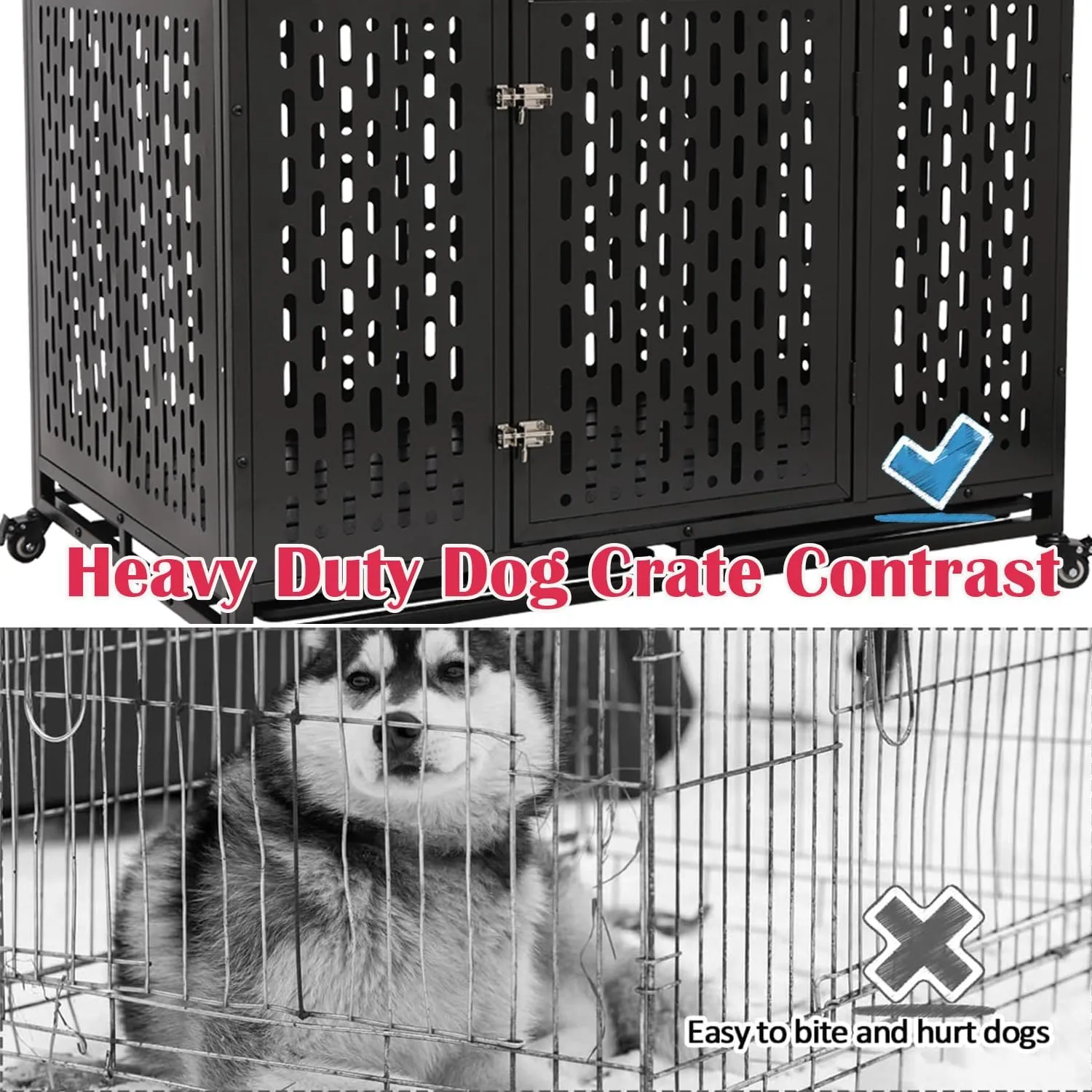 44 Inch Heavy Duty Indestructible Dog Crate Steel Escape Proof, Indoor Double Door Chew Proof Cage, High Anxiety Kennel with Wheels, Removable Tray, Extra Large