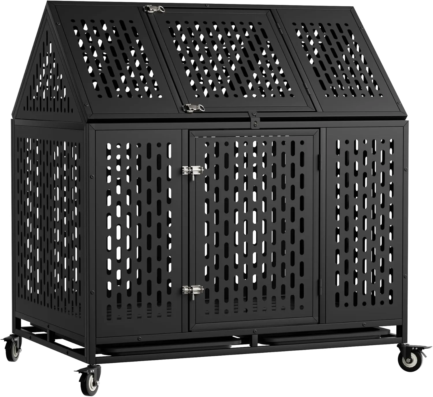44 Inch Heavy Duty Indestructible Dog Crate Steel Escape Proof, Indoor Double Door Chew Proof Cage, High Anxiety Kennel with Wheels, Removable Tray, Extra Large