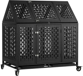 44 Inch Heavy Duty Indestructible Dog Crate Steel Escape Proof, Indoor Double Door Chew Proof Cage, High Anxiety Kennel with Wheels, Removable Tray, Extra Large