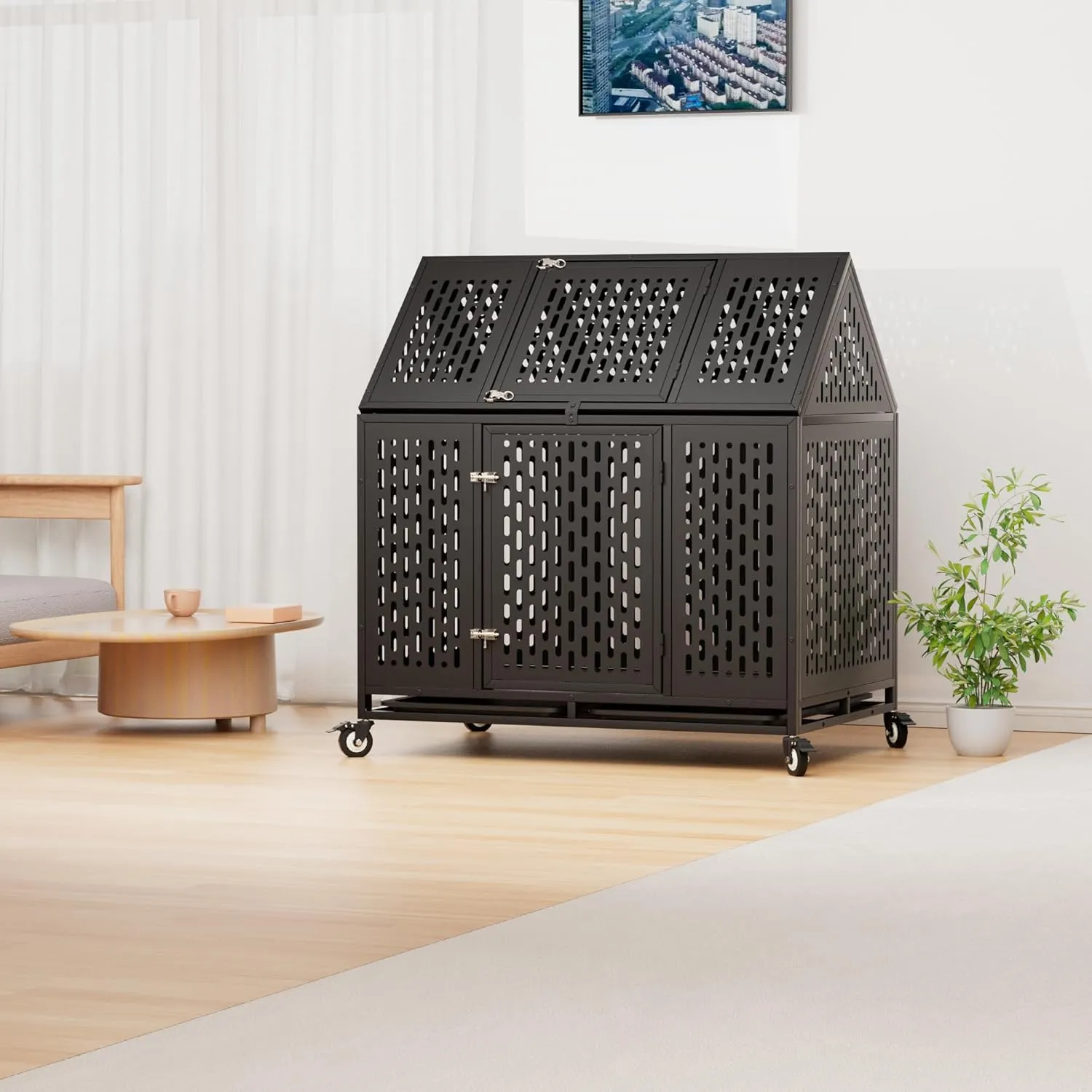 44 Inch Heavy Duty Indestructible Dog Crate Steel Escape Proof, Indoor Double Door Chew Proof Cage, High Anxiety Kennel with Wheels, Removable Tray, Extra Large