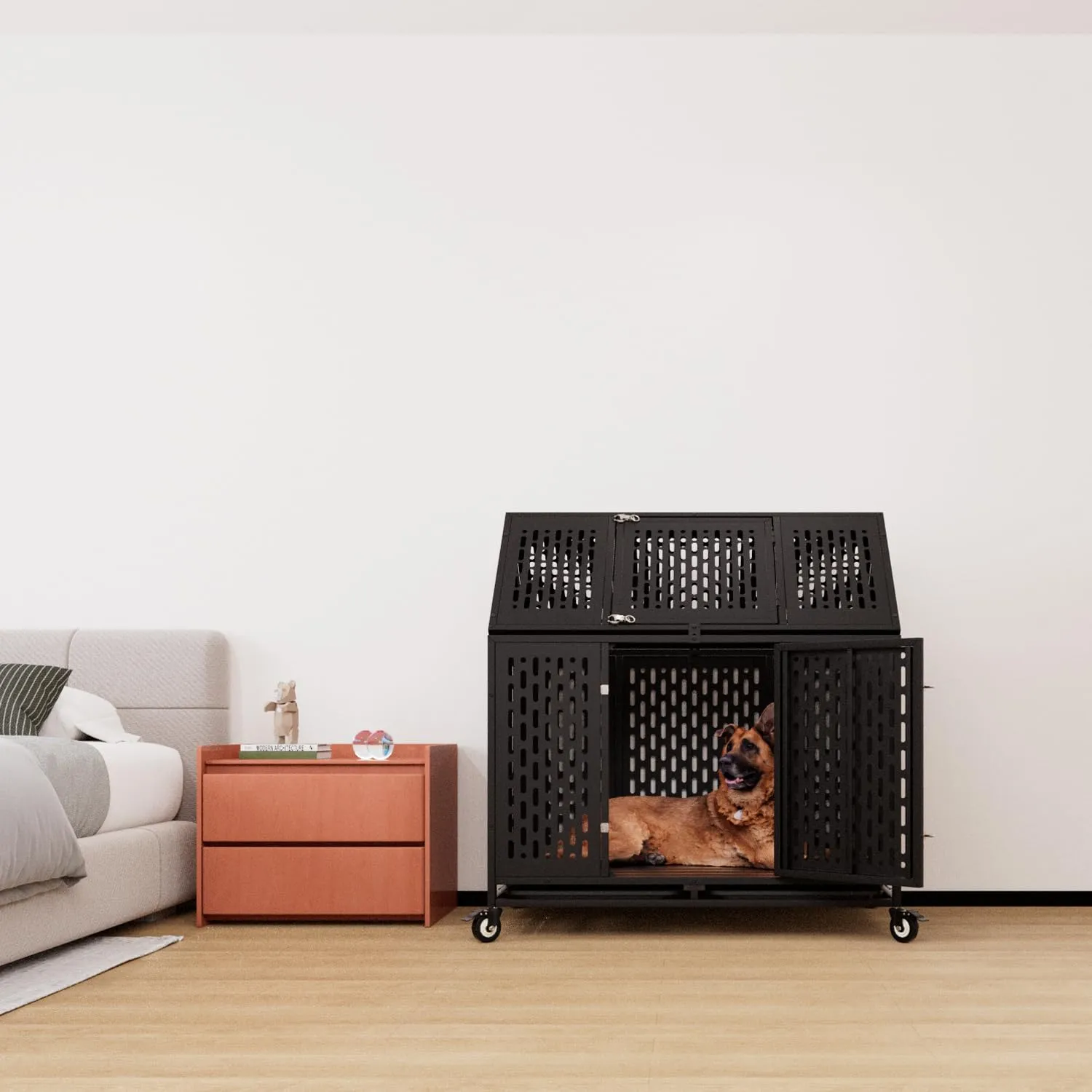 44 Inch Heavy Duty Indestructible Dog Crate Steel Escape Proof, Indoor Double Door Chew Proof Cage, High Anxiety Kennel with Wheels, Removable Tray, Extra Large