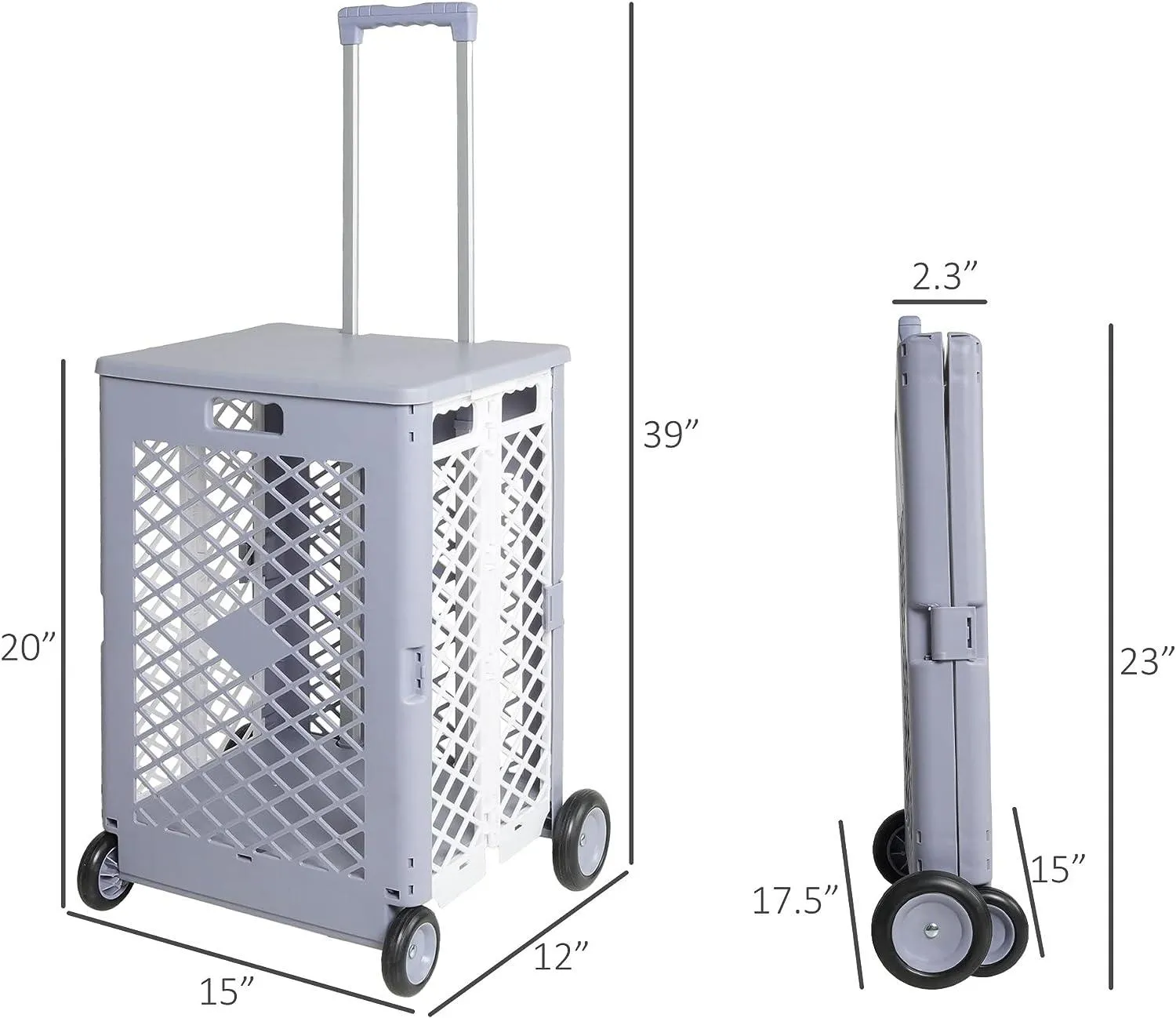 55L Folding Utility Shopping Cart with Lid Wheels Telescopic Handle Collapsible Rolling Crate, Gray