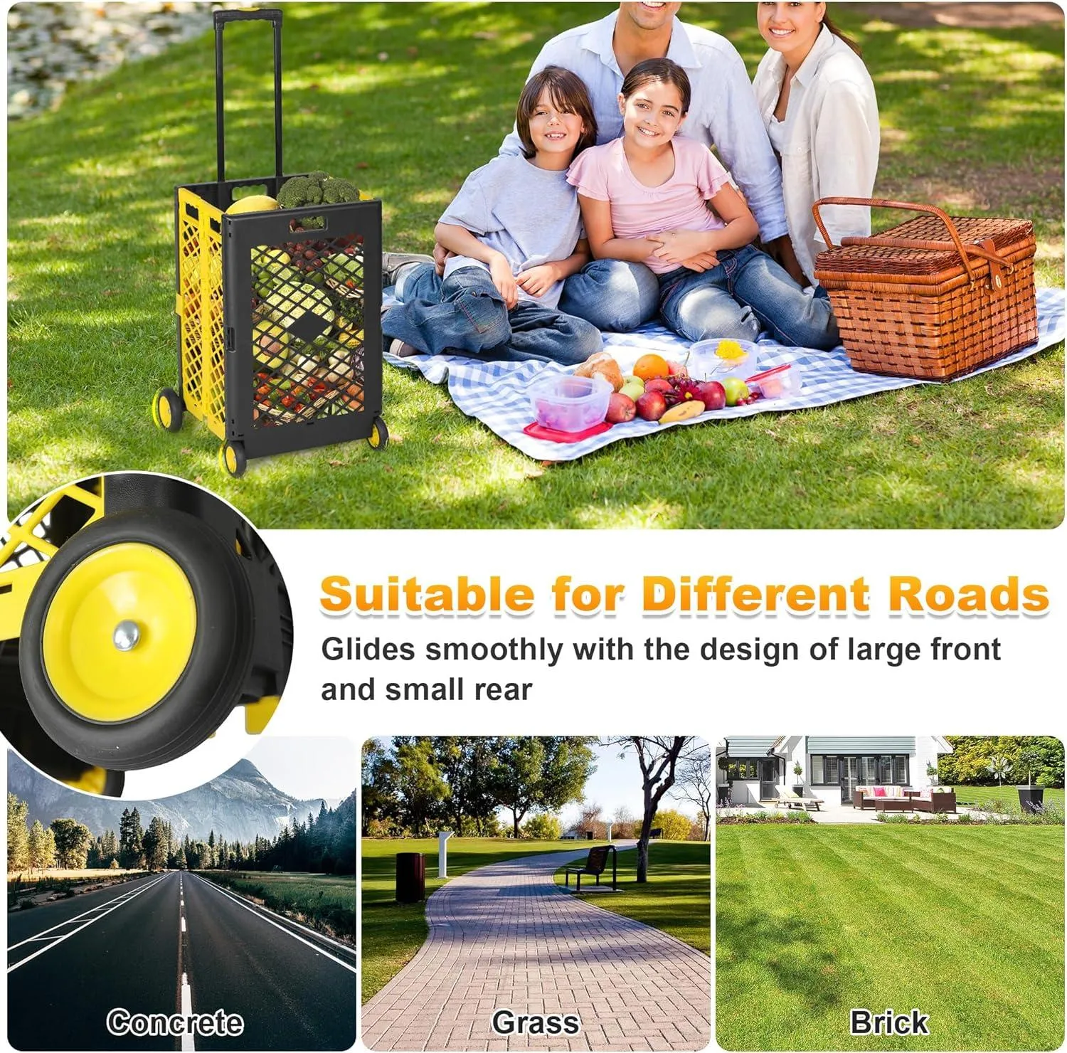 55L Folding Utility Shopping Cart with Wheels Telescopic Handle Collapsible Rolling Crate, Yellow