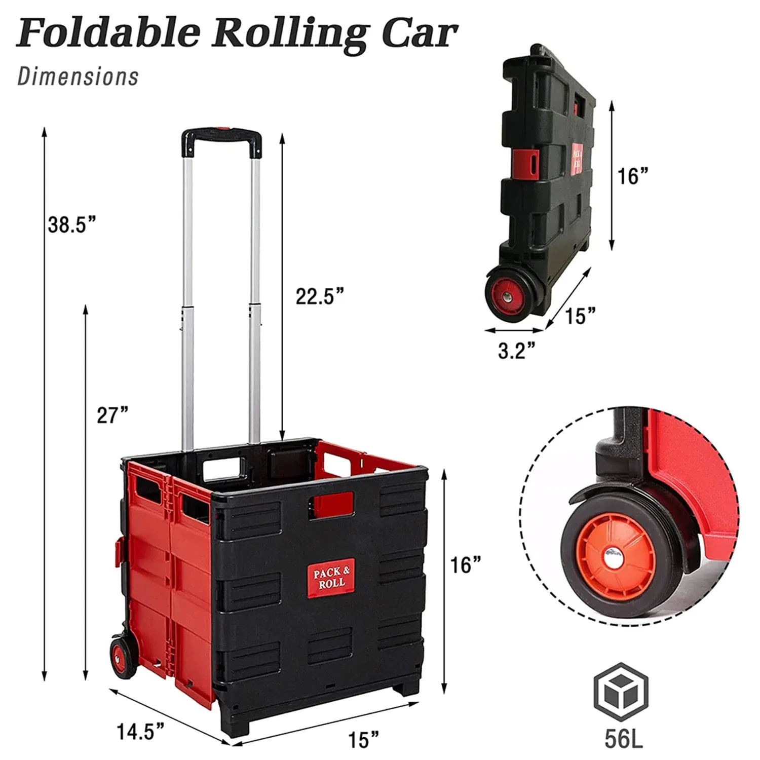 56L Collapsible Rolling Crate Utility Cart Foldable Grocery Cart with Wheels, Red