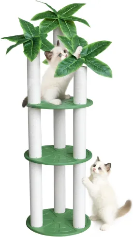 68 inch Waterproof cat Tower, Cylindrical Outdoor cat Tree with Green Leaves,Plastic Board and cat Scratching Post,Used in Catio,Deck,Patio
