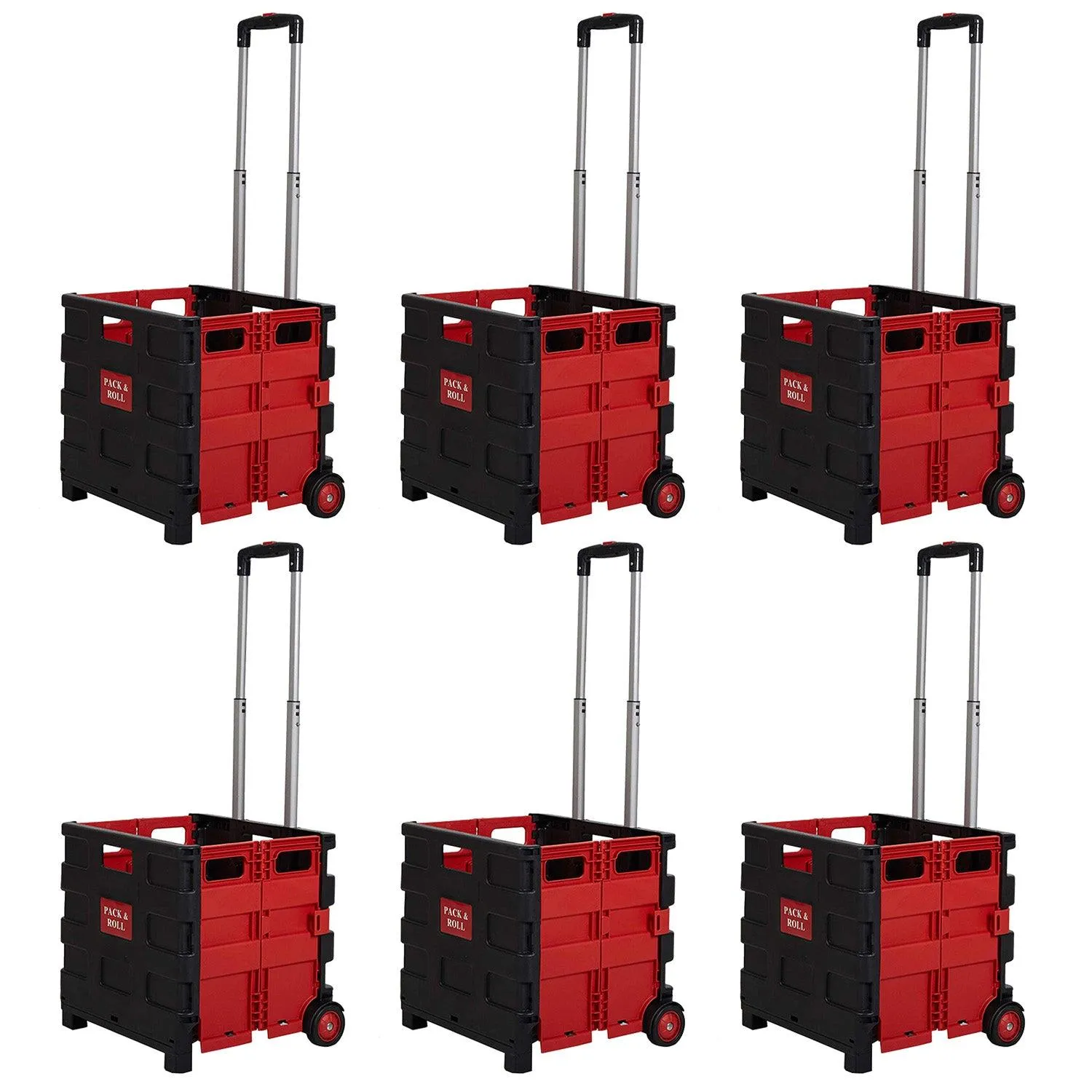 6PCS 44L Collapsible Rolling Crate Utility Cart Foldable Grocery Cart with Wheels, Red