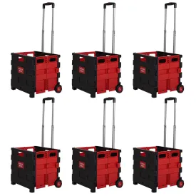 6PCS 44L Collapsible Rolling Crate Utility Cart Foldable Grocery Cart with Wheels, Red