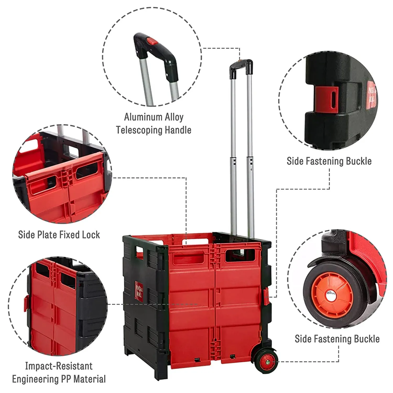 6PCS 44L Collapsible Rolling Crate Utility Cart Foldable Grocery Cart with Wheels, Red