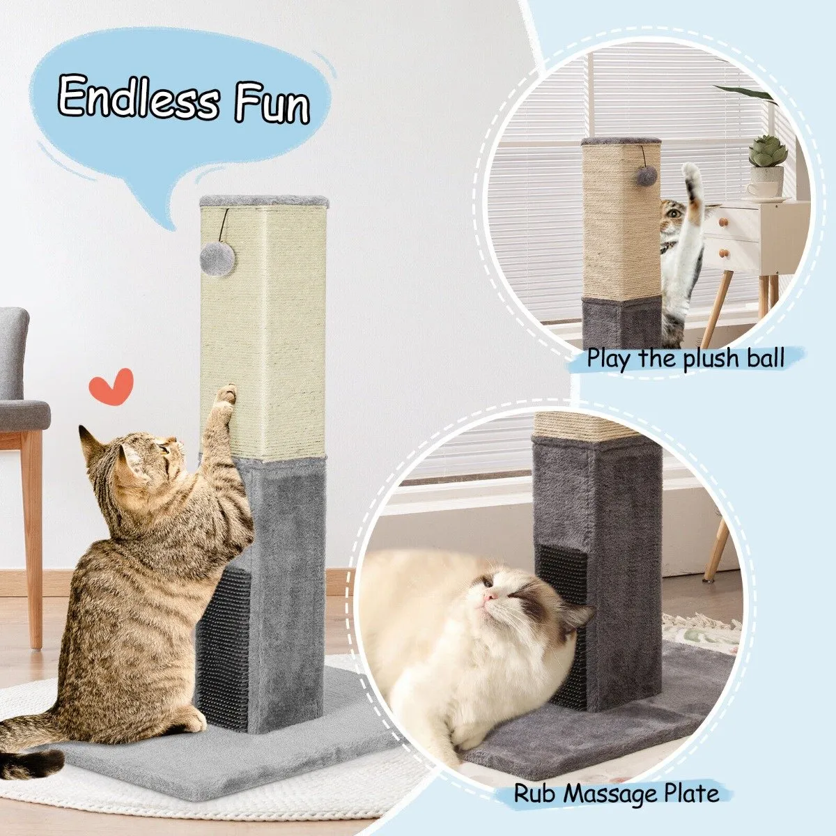79cm Tall Cat Scratching Post with Balls Massage Brush and Carpet Base-Grey