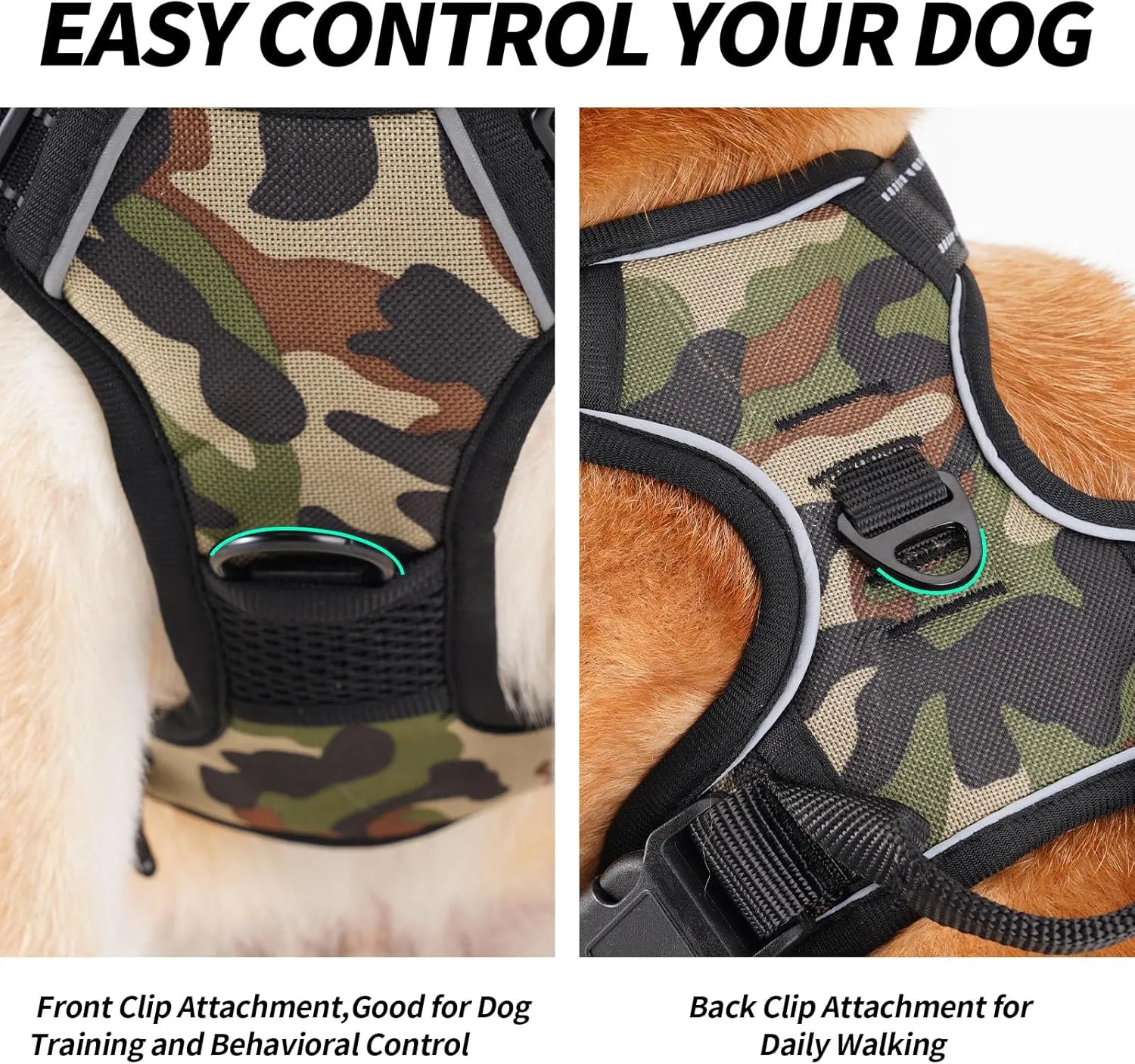 Adjustable Soft Padded Dog Harness Vest - Breathable Nylon with Safety Buckle, Easy to Put On, Front & Back Ring Attachments, Brown Camo (Size M)