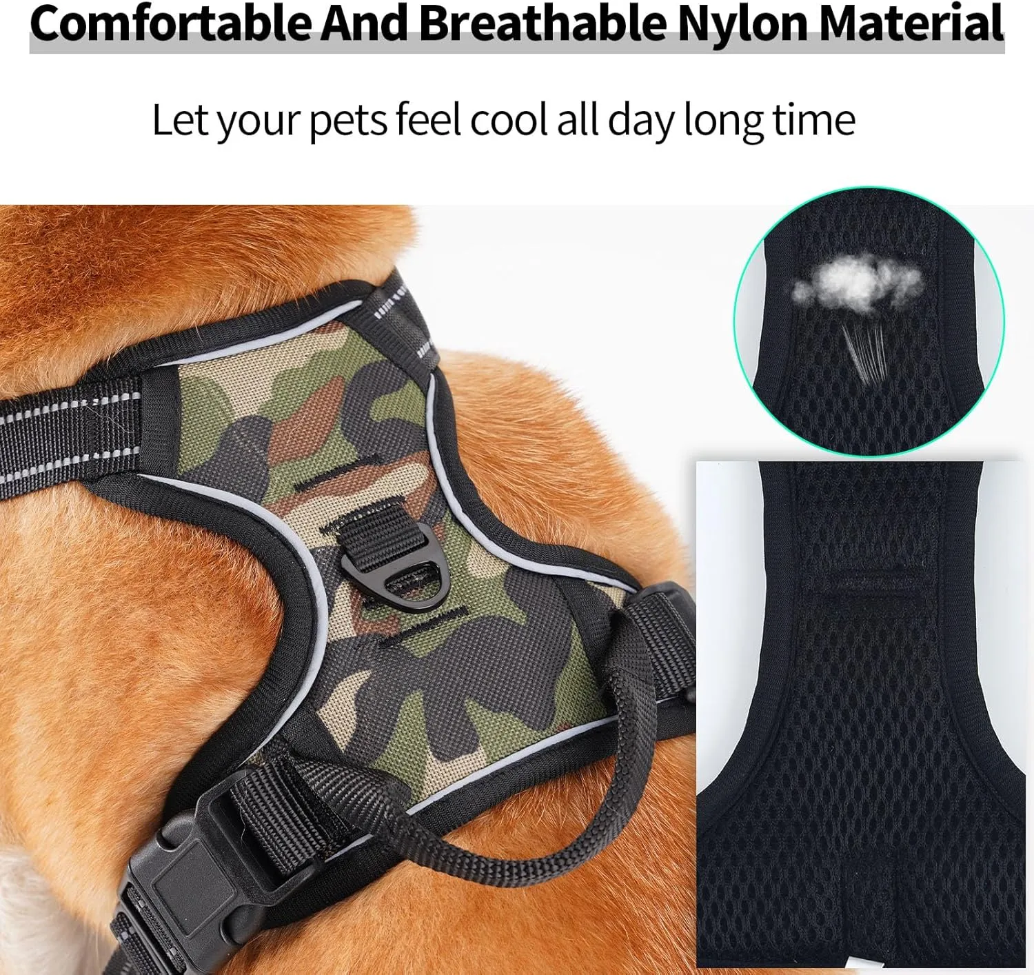 Adjustable Soft Padded Dog Harness Vest - Breathable Nylon with Safety Buckle, Easy to Put On, Front & Back Ring Attachments, Brown Camo (Size M)