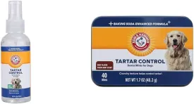 Arm & Hammer Dental Freshness Bundle for Dogs: Tartar Control Spray, Mint Flavor, 4 Fl Oz and Dental Mints in Beef Flavor, 40 Count - Reduces Plaque & Tartar Without Brushing