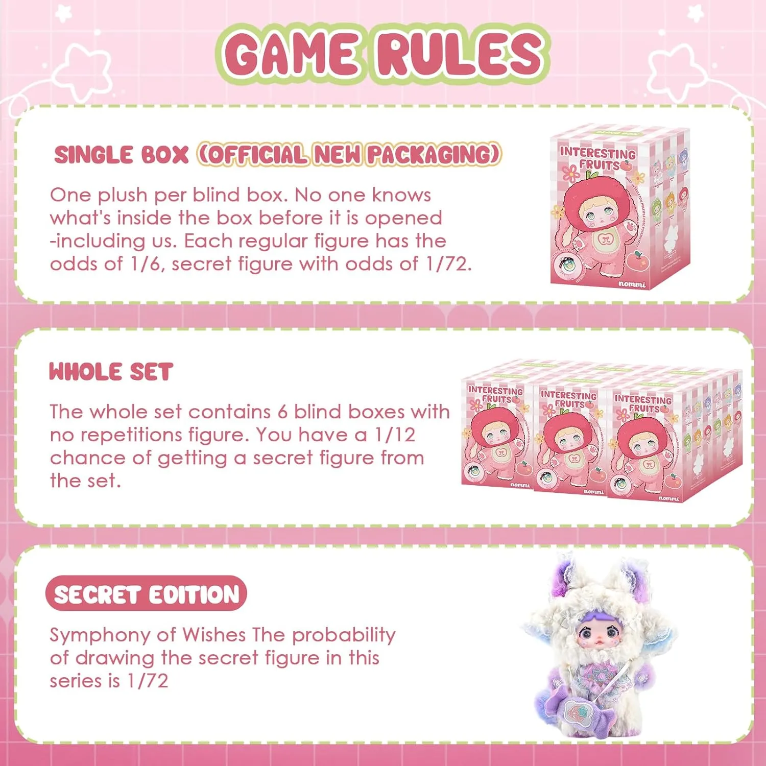 Authentic Nommi Blind Box Interesting Fruits Series Plush - 3 Expressions Adorable Mystery Plush Toys for Collectors - 7.1IN Random Surprise Doll with Unique Designs, 6PCS (No Repeat Doll)