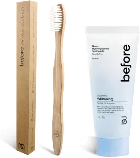 Before | n-HA Whitening 4.4oz Toothpaste & Bamboo Toothbrush Bundle | Fluoride Free, Anti-Cavity, Nano Hydroxyapatite Helps Strengthen Teeth & Remineralize Enamel, Plant-Based Soft Bristles
