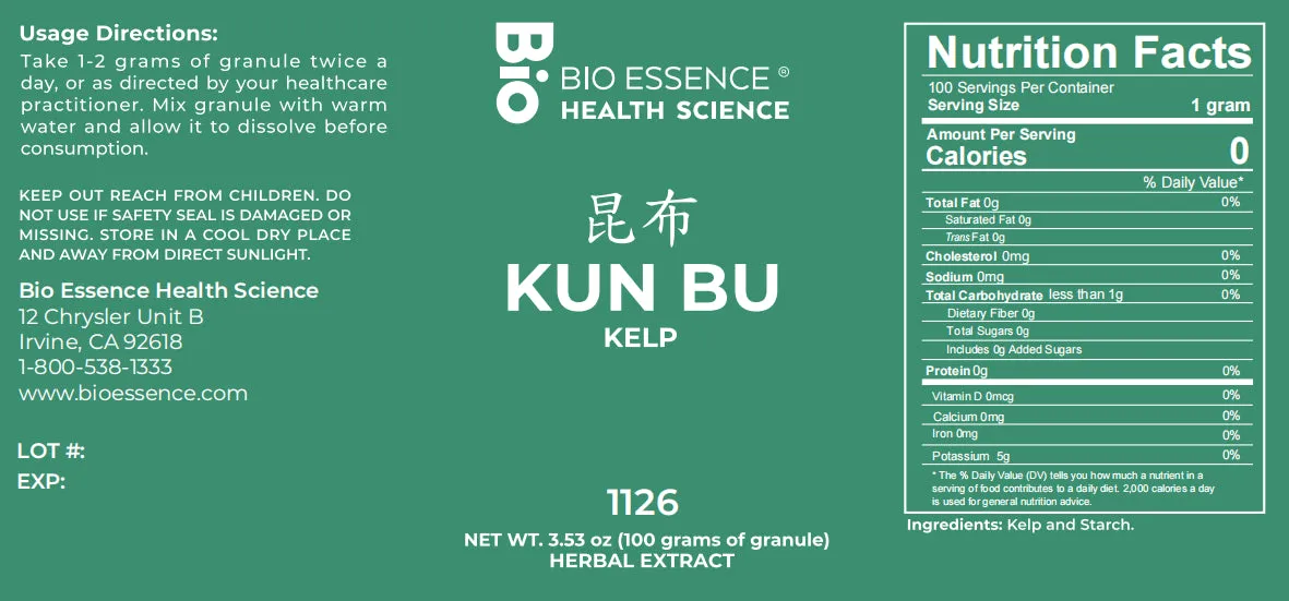 Bio Essence Health Science, Kun Bu, Eckloniae Thallus, 5:1 Extract Granules, 100 grams