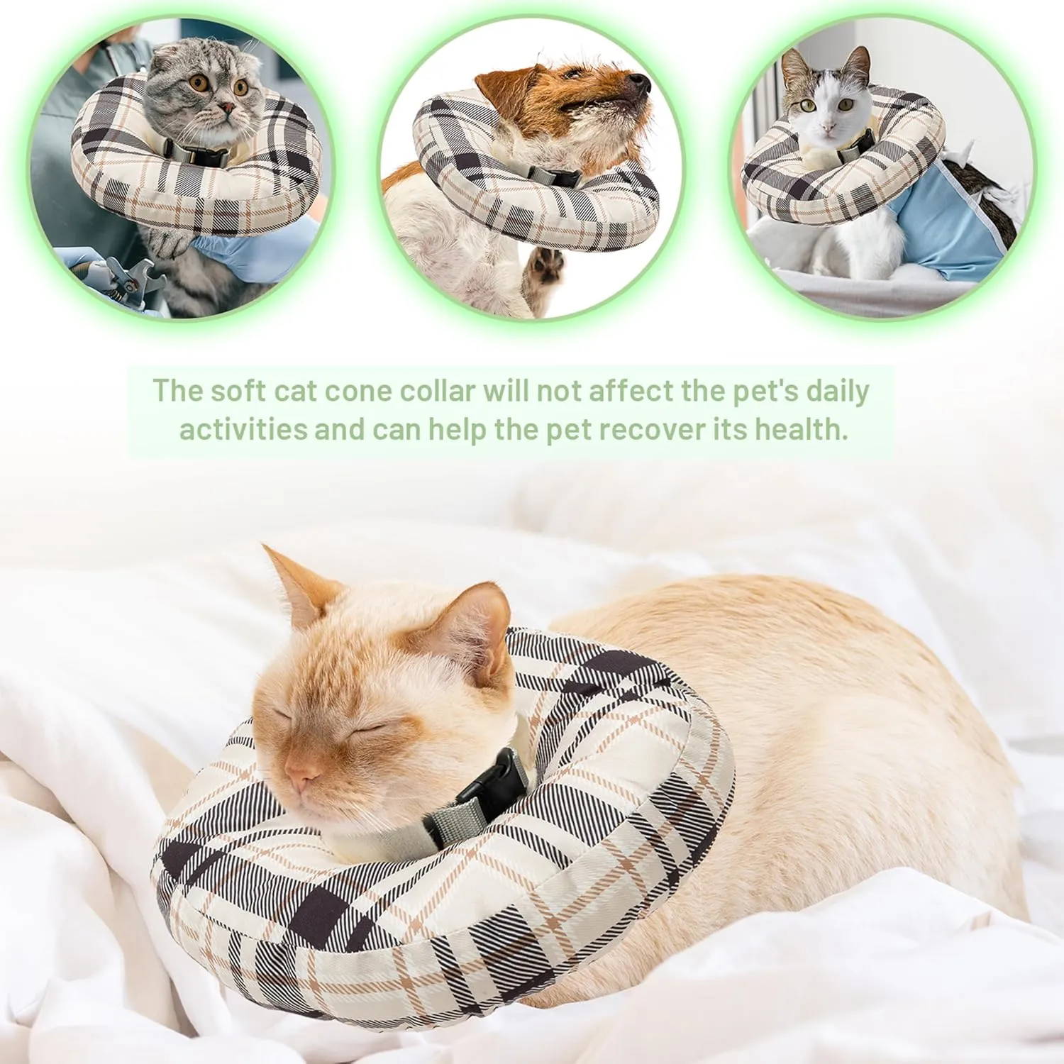 Cat Cone Collar Soft, Adjustable Plaid Elizabethan Cat Recovery Collar After Surgery to Prevent Licking & Scratching Wound, Fits Small Medium Large Cats, Puppy, Small Dogs