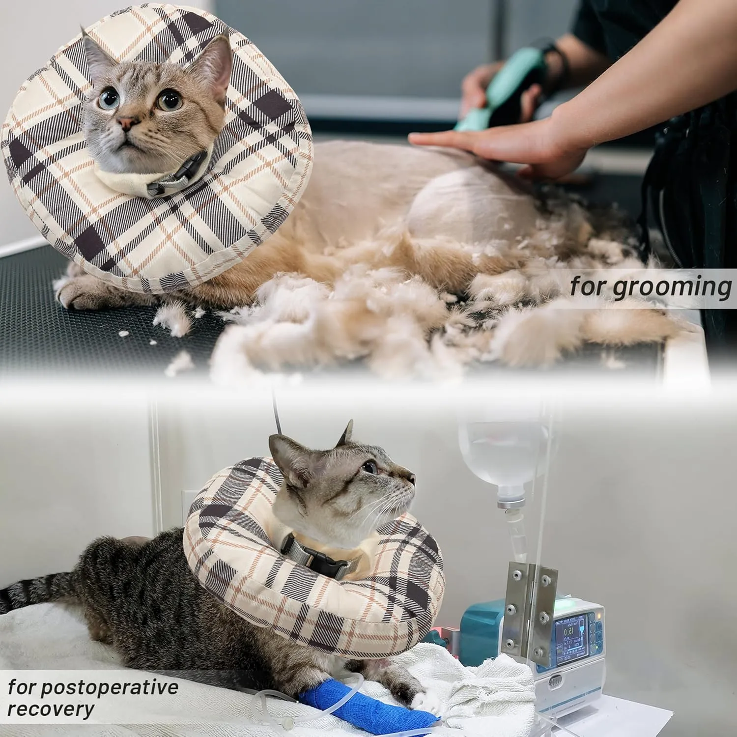 Cat Cone Collar Soft, Adjustable Plaid Elizabethan Cat Recovery Collar After Surgery to Prevent Licking & Scratching Wound, Fits Small Medium Large Cats, Puppy, Small Dogs