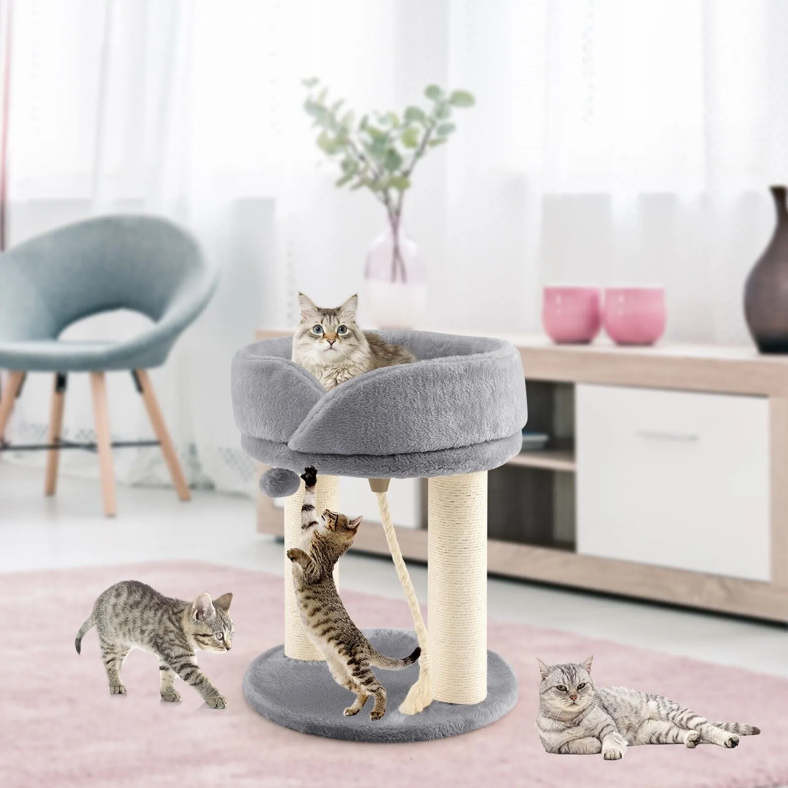 Cat Tree with Fur Ball and Sisal Rope-Grey