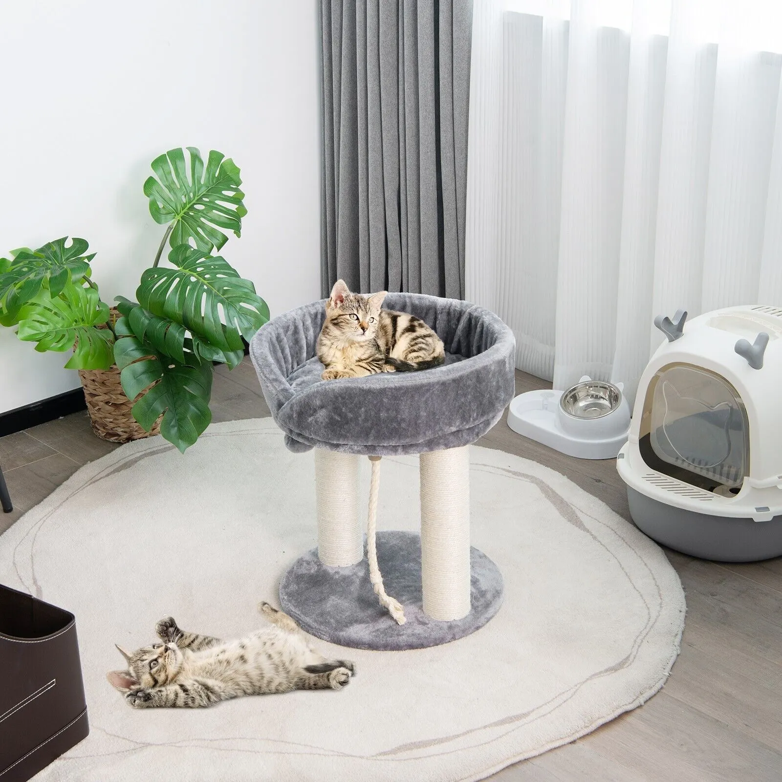 Cat Tree with Fur Ball and Sisal Rope-Grey