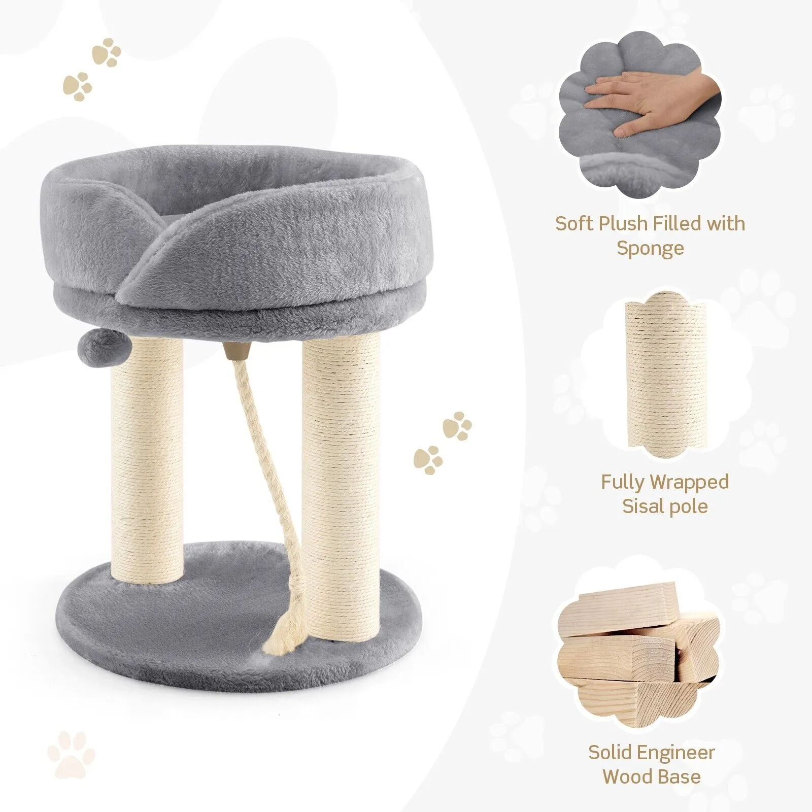 Cat Tree with Fur Ball and Sisal Rope-Grey