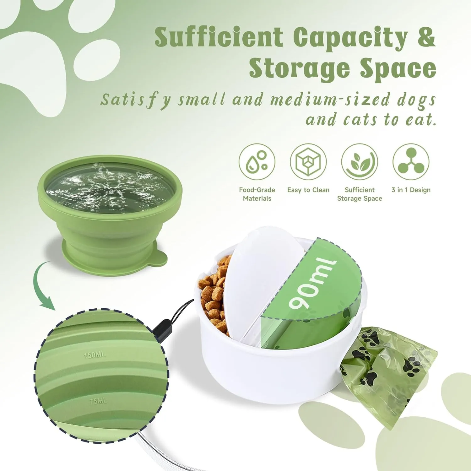 Collapsible Travel Dog Bowl with Lid, 3 in 1 Portable Silicone Dog Food and Water Bowl with 3 Poop Bags, Folding Pet Food Container for Puppy Cat Beach Camping Hiking Walks Essentials (Green)