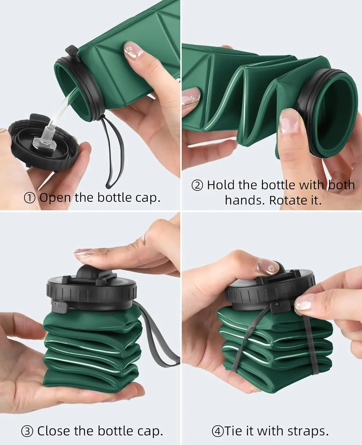 Collapsible Water Bottles, BPA-Free Silicone Foldable Water Bottle Cup with Straw Strap 20.6oz,Leak-Proof Durable Lightweight Bottle for Gym Travel Camping Hiking Running Sport,DarkGreen