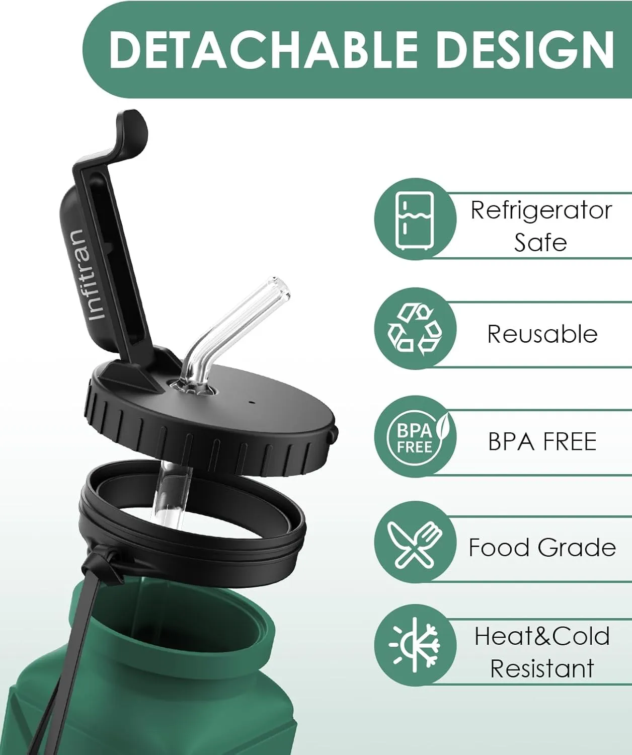 Collapsible Water Bottles, BPA-Free Silicone Foldable Water Bottle Cup with Straw Strap 20.6oz,Leak-Proof Durable Lightweight Bottle for Gym Travel Camping Hiking Running Sport,DarkGreen