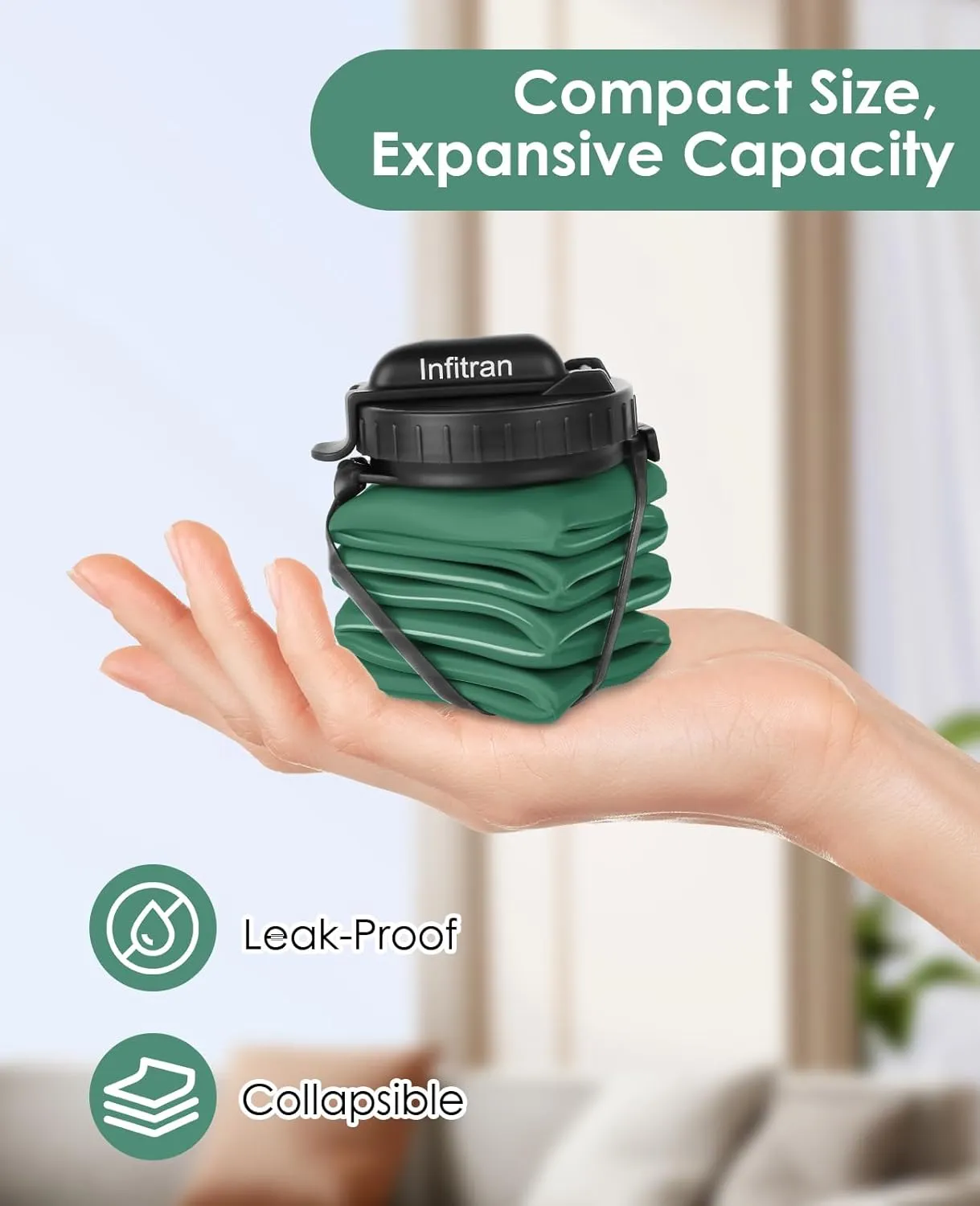 Collapsible Water Bottles, BPA-Free Silicone Foldable Water Bottle Cup with Straw Strap 20.6oz,Leak-Proof Durable Lightweight Bottle for Gym Travel Camping Hiking Running Sport,DarkGreen