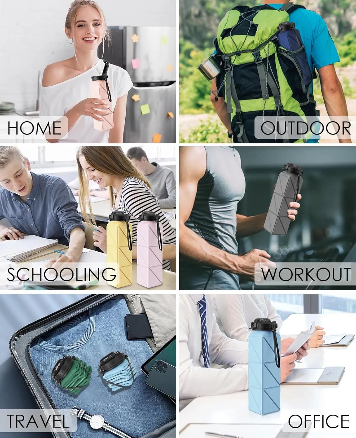 Collapsible Water Bottles, BPA-Free Silicone Foldable Water Bottle Cup with Straw Strap 20.6oz,Leak-Proof Durable Lightweight Bottle for Gym Travel Camping Hiking Running Sport,DarkGreen
