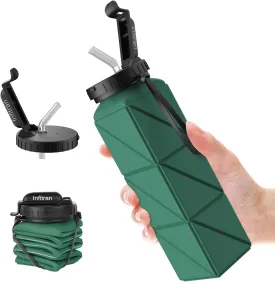 Collapsible Water Bottles, BPA-Free Silicone Foldable Water Bottle Cup with Straw Strap 20.6oz,Leak-Proof Durable Lightweight Bottle for Gym Travel Camping Hiking Running Sport,DarkGreen