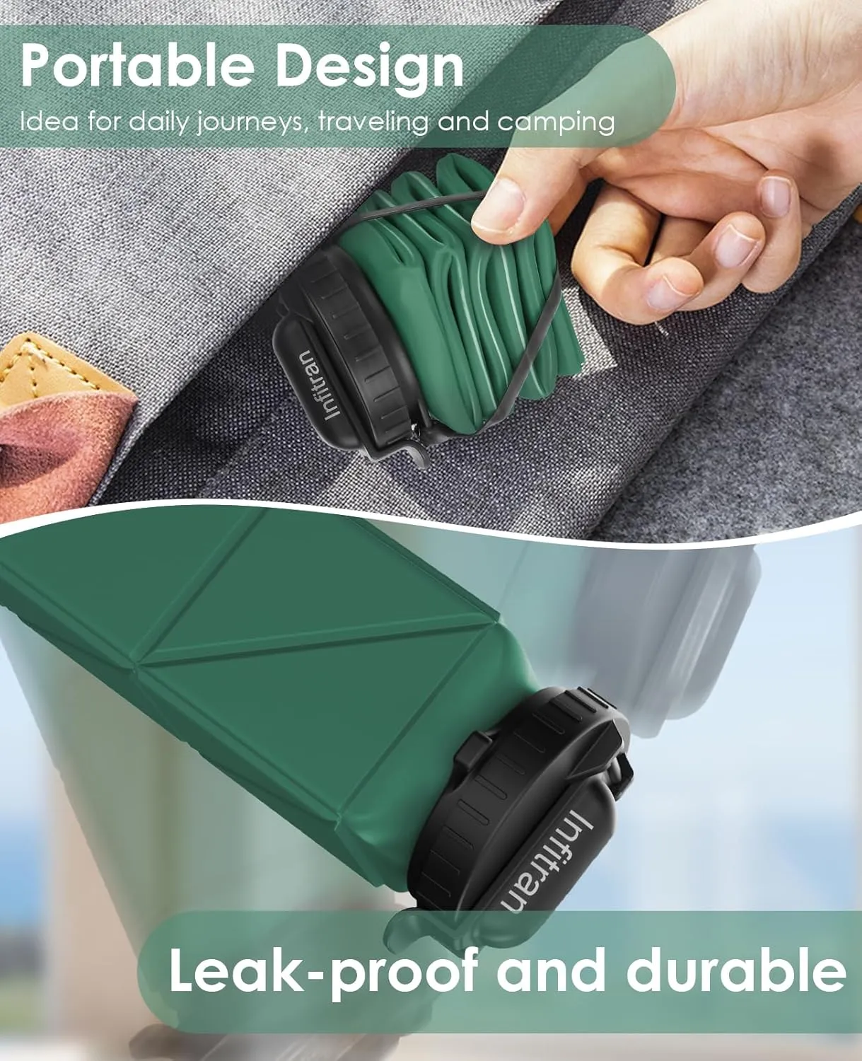 Collapsible Water Bottles, BPA-Free Silicone Foldable Water Bottle Cup with Straw Strap 20.6oz,Leak-Proof Durable Lightweight Bottle for Gym Travel Camping Hiking Running Sport,DarkGreen