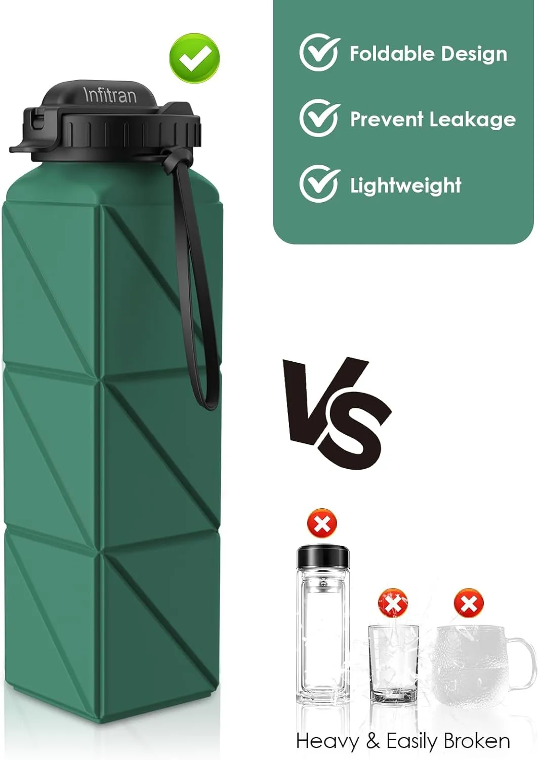Collapsible Water Bottles, BPA-Free Silicone Foldable Water Bottle Cup with Straw Strap 20.6oz,Leak-Proof Durable Lightweight Bottle for Gym Travel Camping Hiking Running Sport,DarkGreen