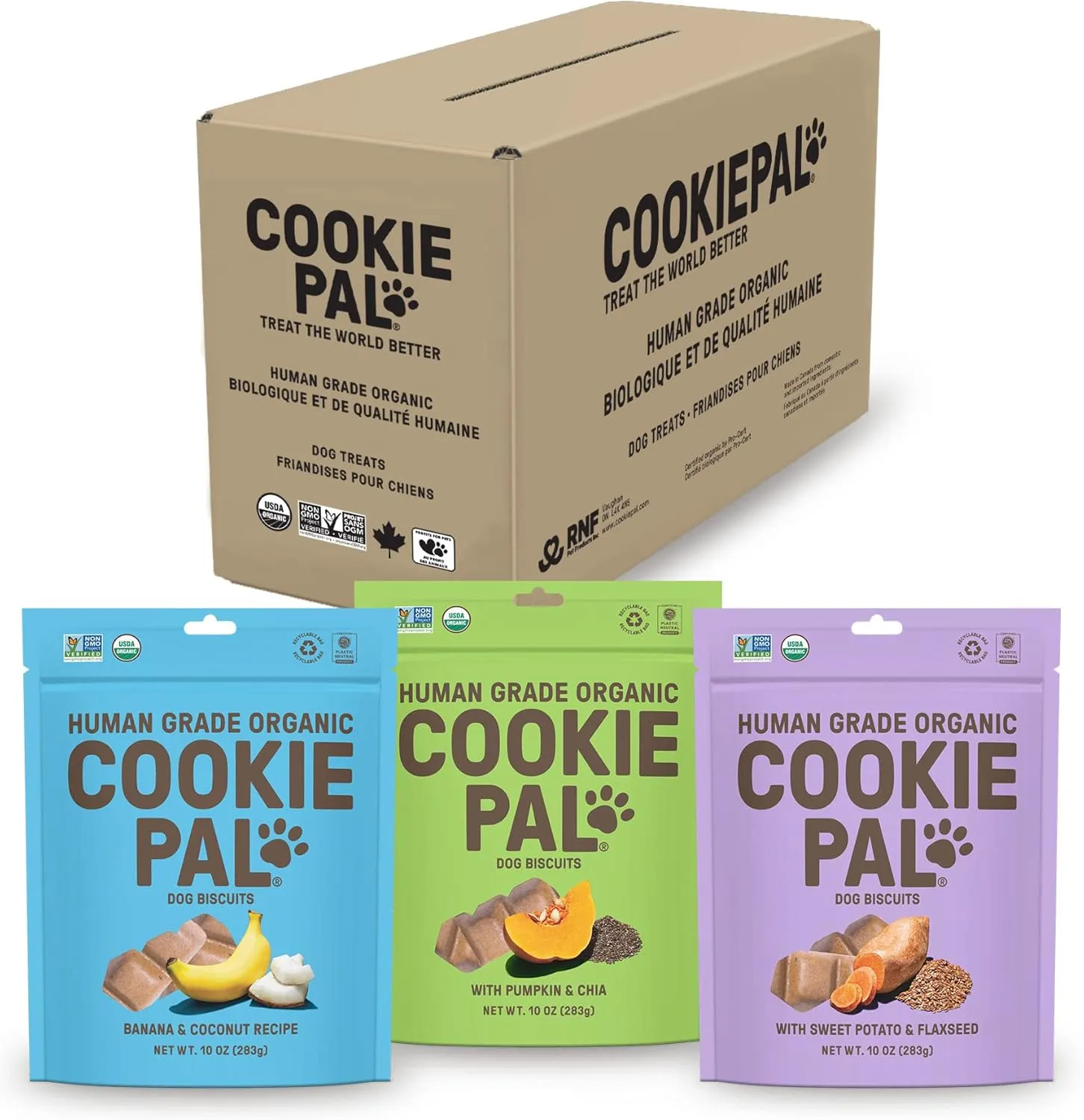 Cookie PAL Organic Dog Treats (Variety Pack), Crunchy Human Grade USDA Organic Puppy Treats for Training, Biscuits, 10oz (Pk of 3)