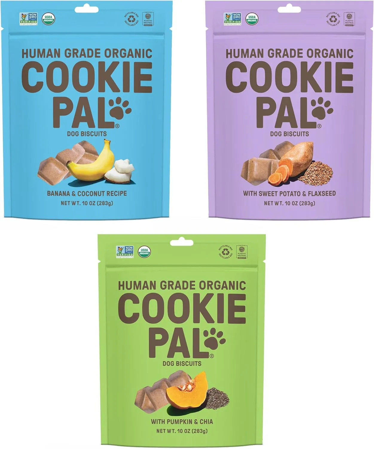 Cookie PAL Organic Dog Treats (Variety Pack), Crunchy Human Grade USDA Organic Puppy Treats for Training, Biscuits, 10oz (Pk of 3)