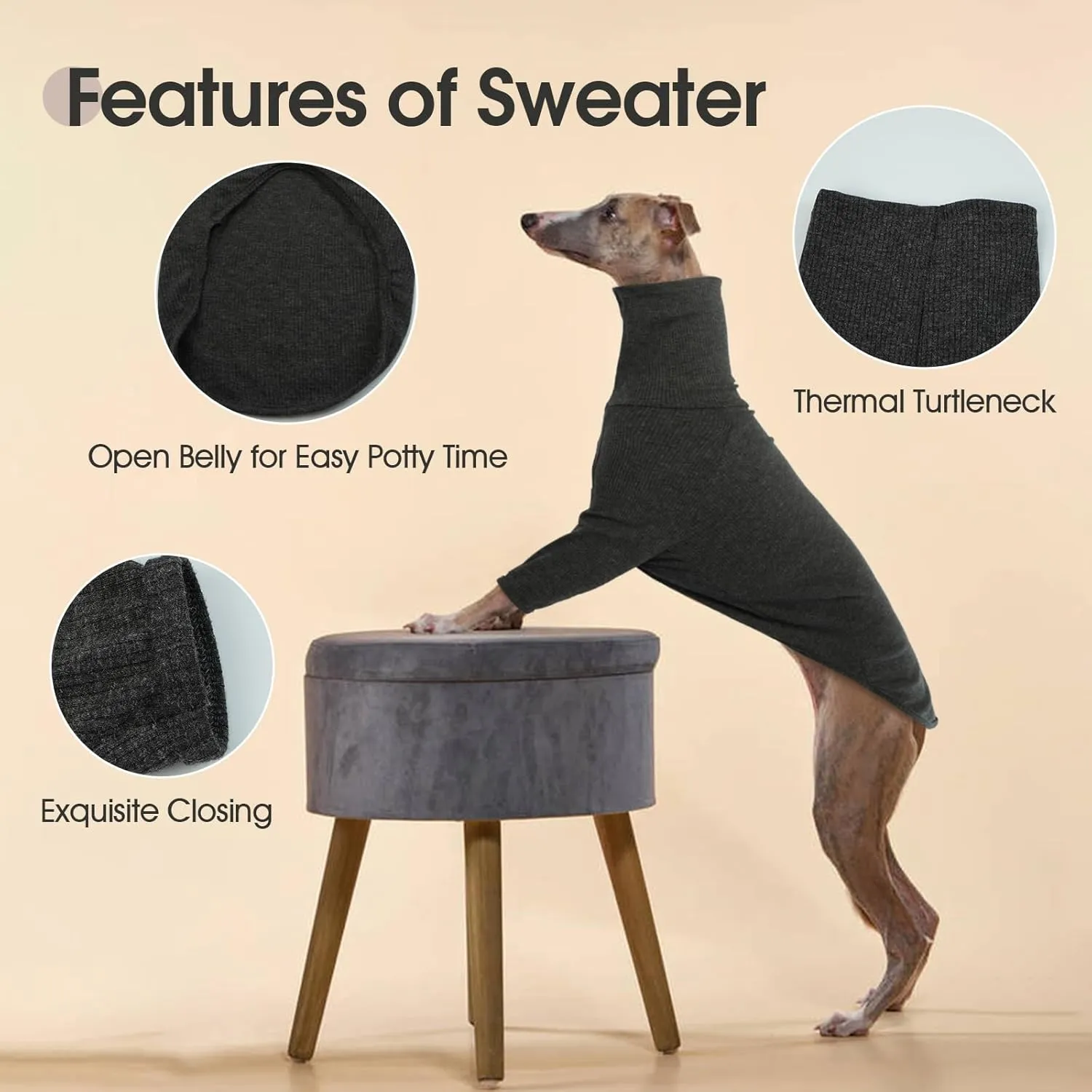 DENTRUN Italian Greyhounds Sweater, Greyhounds Turtleneck Knit Sweatshirt for Cold Weather, Warm Pajamas for Whippets, Winter Long Sleeve Dog Sweater Shirt for Large Dog