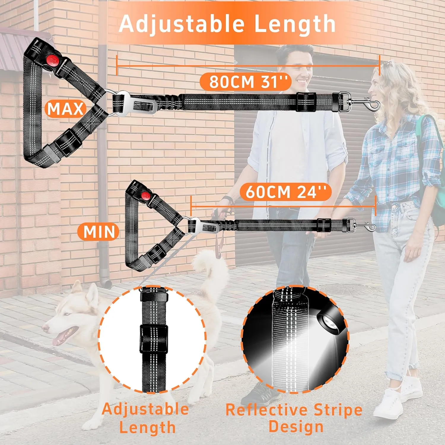 Dog Car Seat Belt Set - 3 Piece Retractable Harness, Adjustable Reflective Seatbelt for Vehicle Headrests, Safety Restraint, Heavy Duty & High Elastics, Black